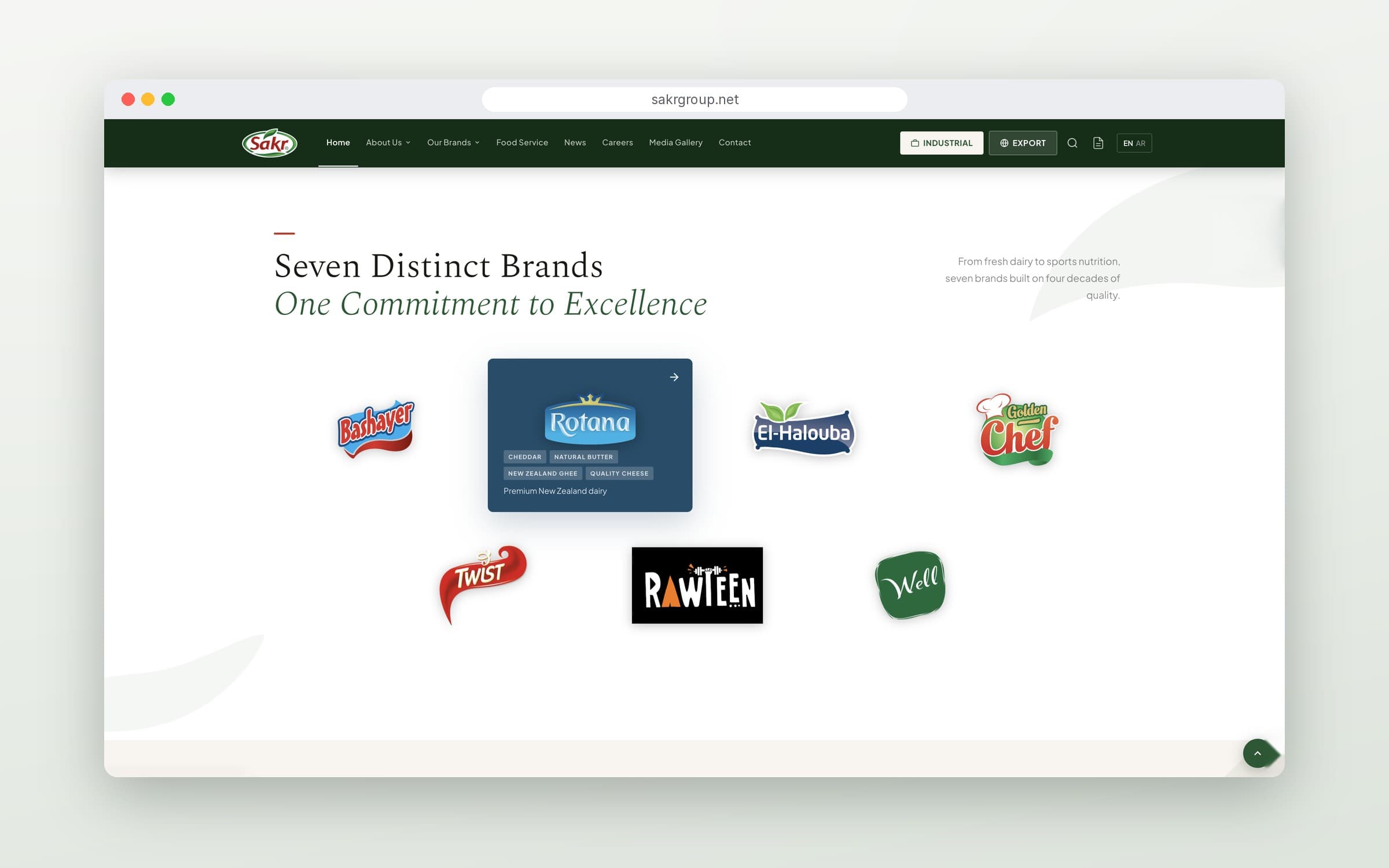 Sakr Group homepage showcasing its seven food brands