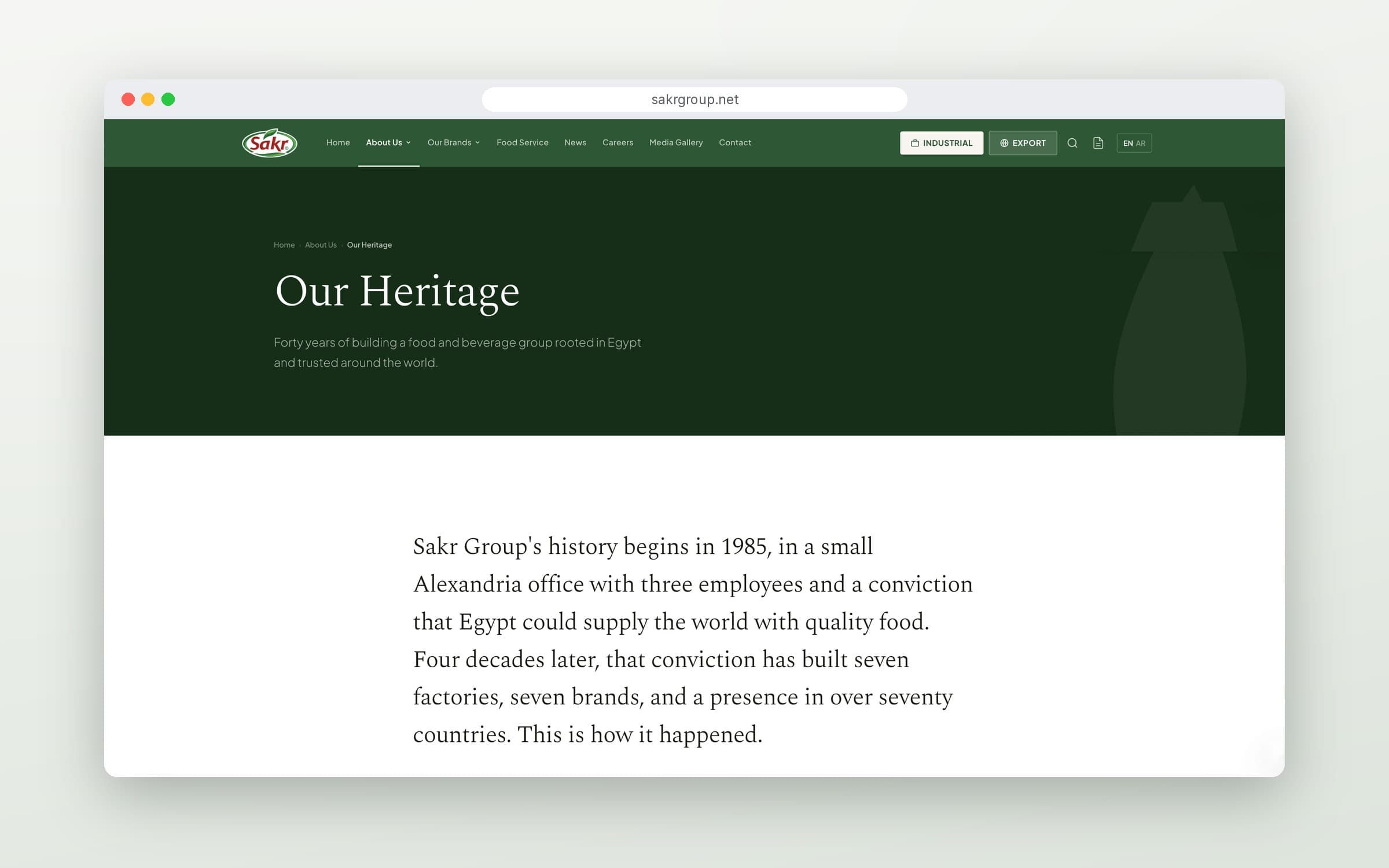 Our Heritage page telling Sakr Group's story since 1985