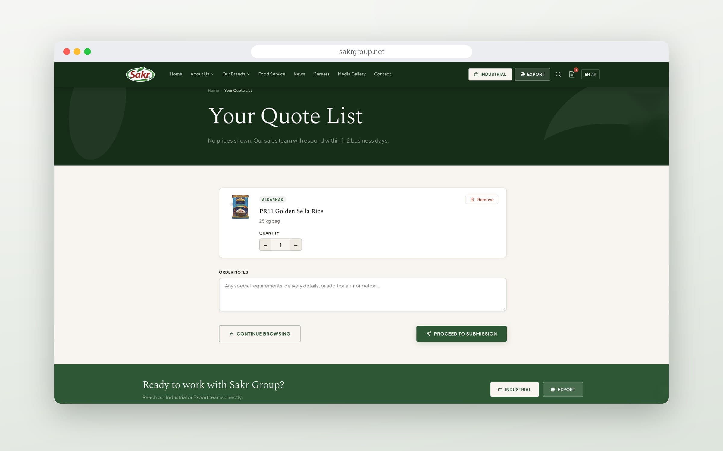 B2B quote list where industrial buyers review products before submitting