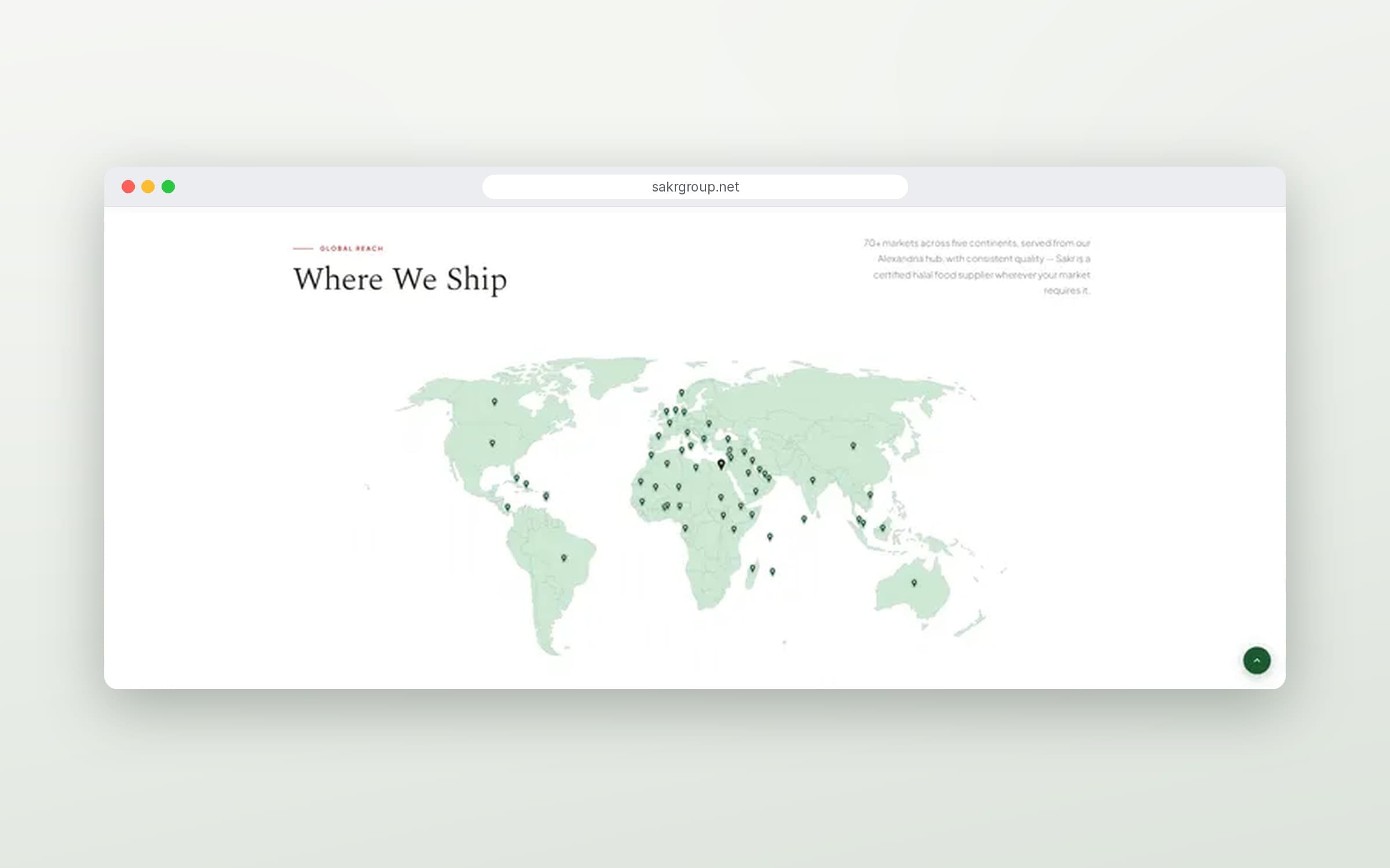 Global reach map showing Sakr Group's export markets across five continents