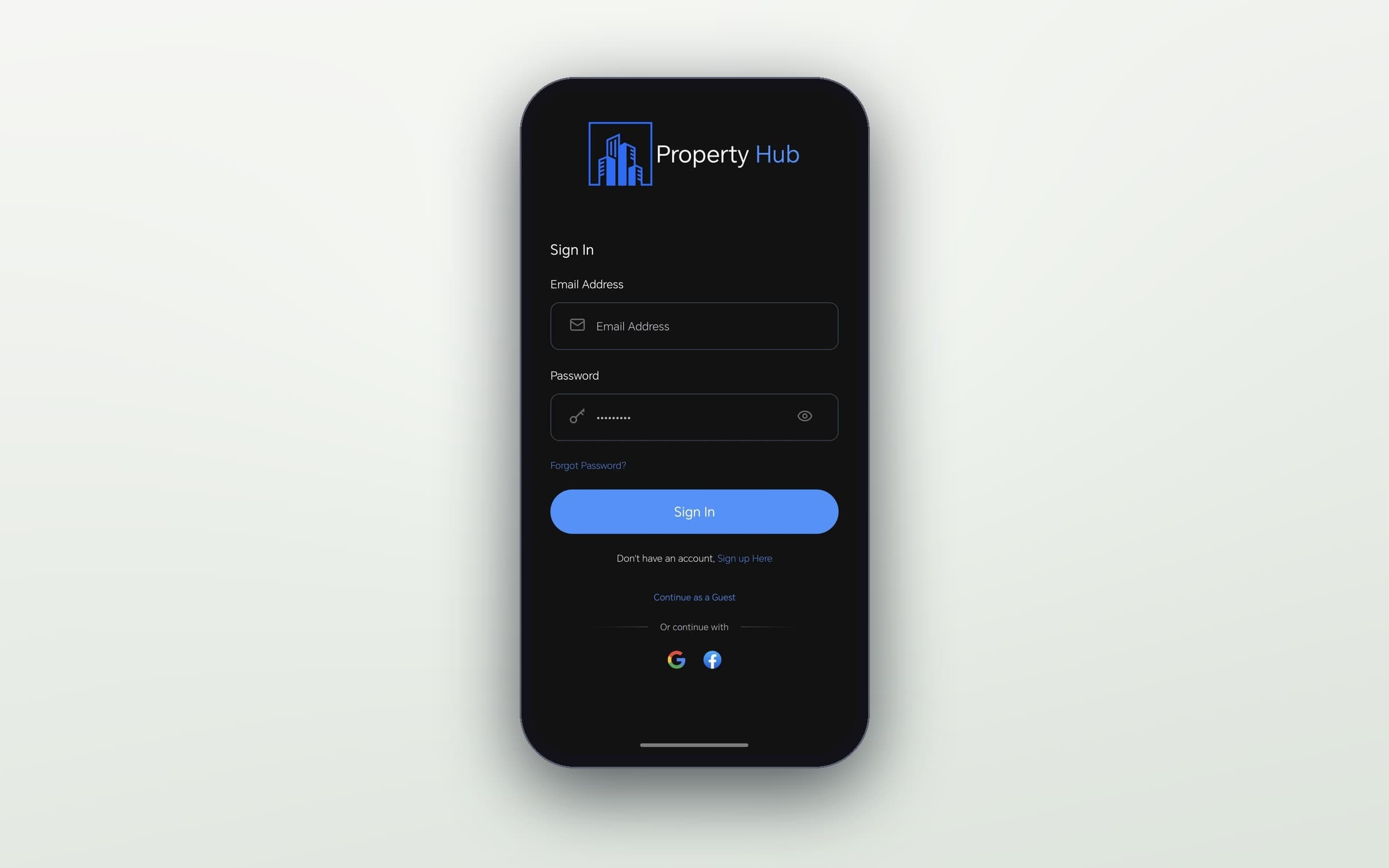 Property Hub sign-in screen with email and password fields, a Sign In button, and Google and Facebook sign-in options.