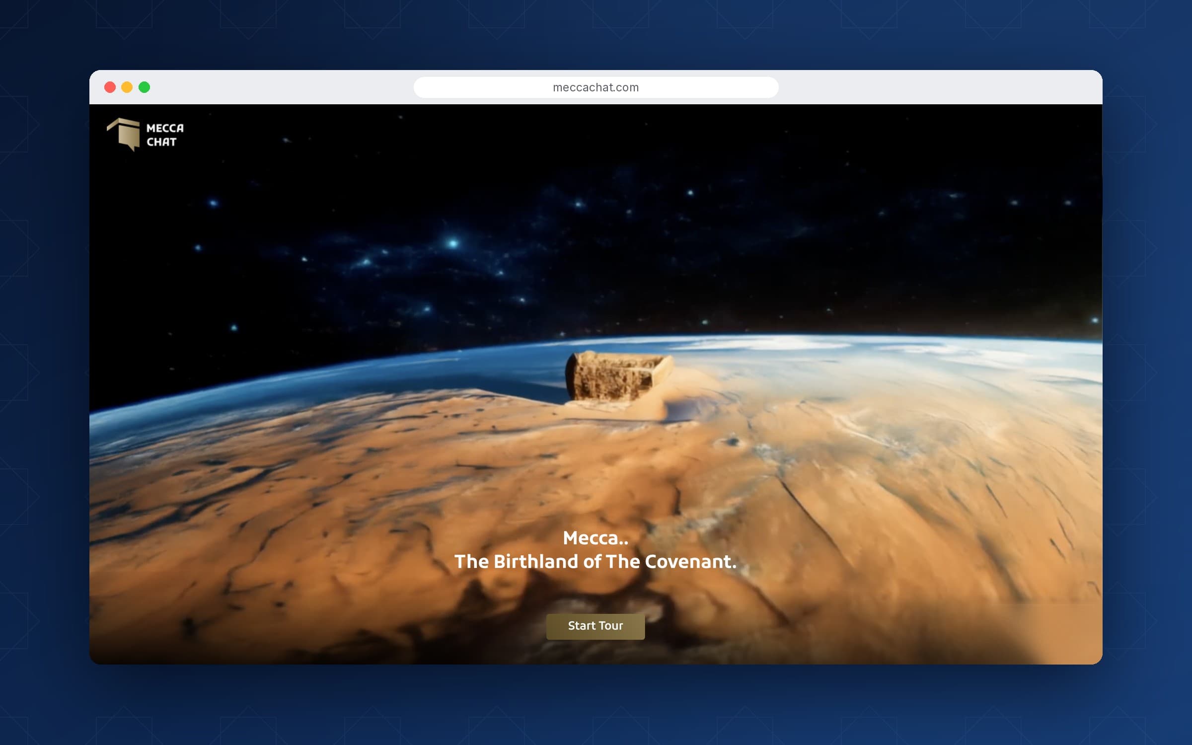 Mecca Chat landing page with a cinematic video intro and a Start Tour button