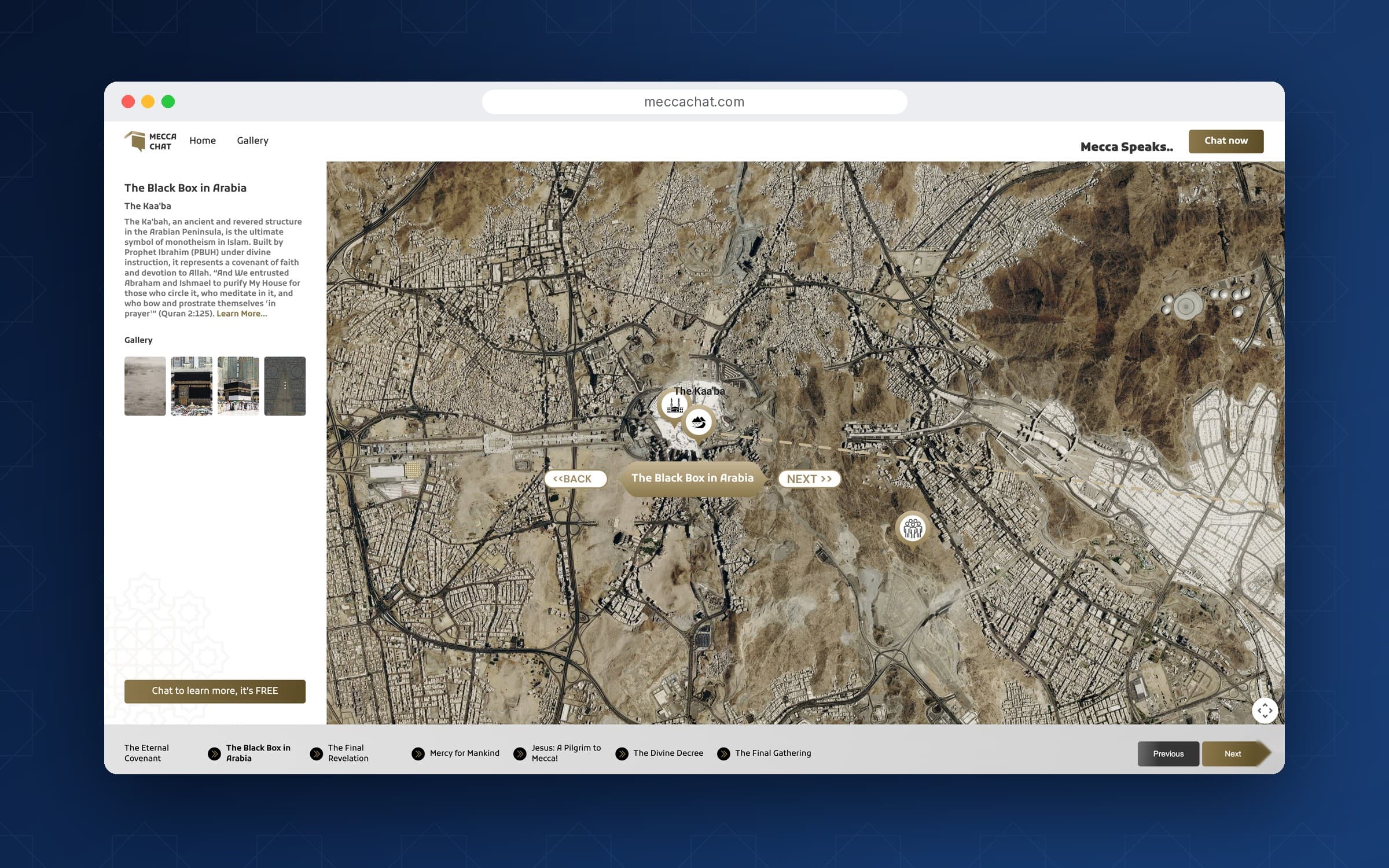 Interactive map of Makkah with landmark pins and a side panel showing information about the Kaaba