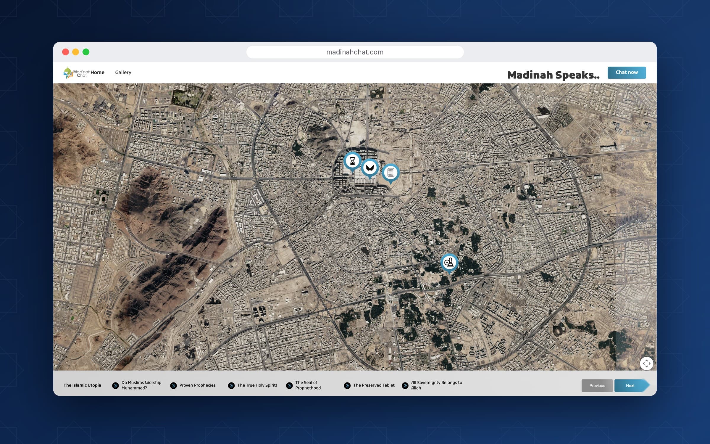 Interactive map of Madinah with clickable landmark pins and tour navigation