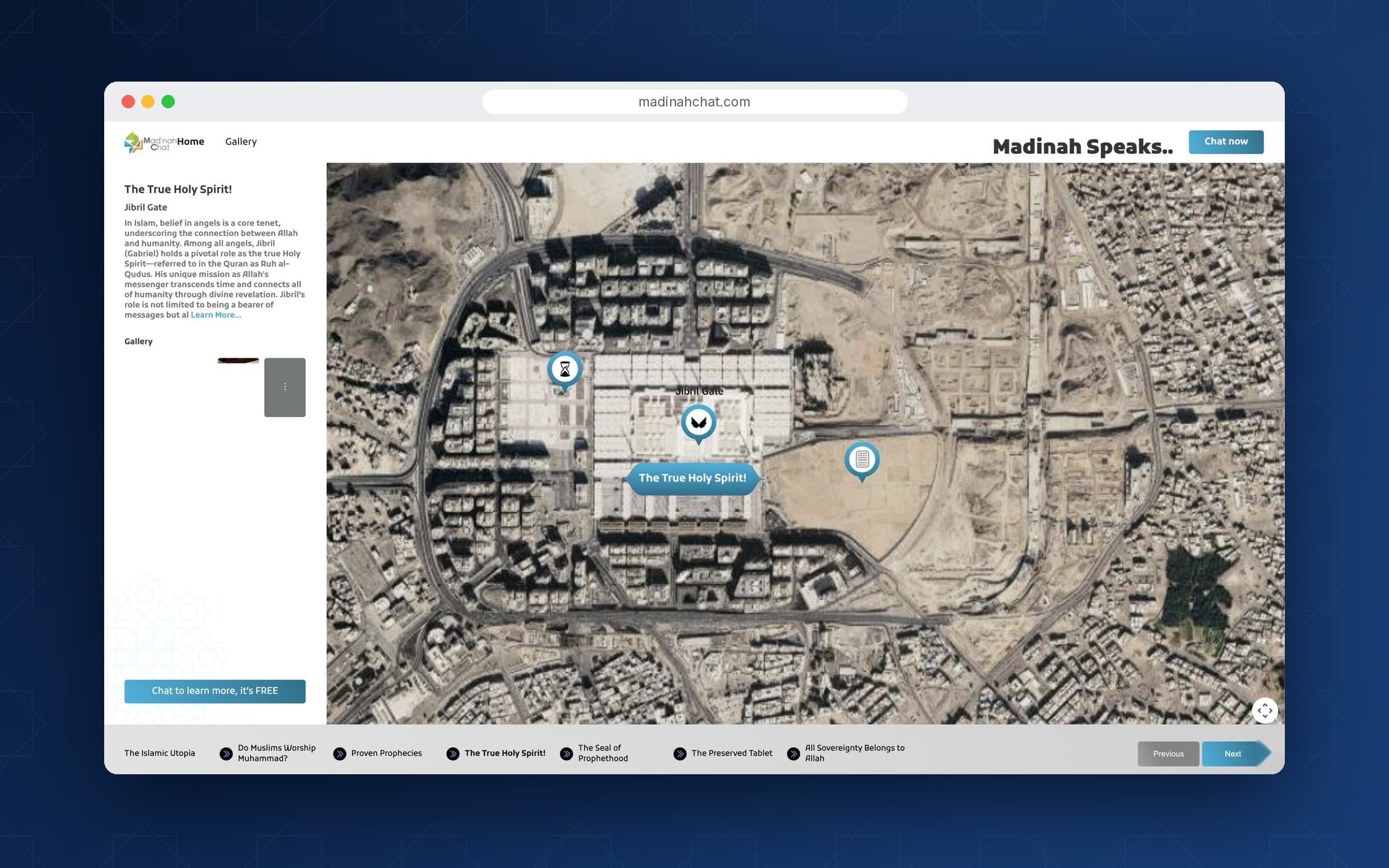 Madinah map zoomed in on Jibril Gate with a side panel of step-by-step location content