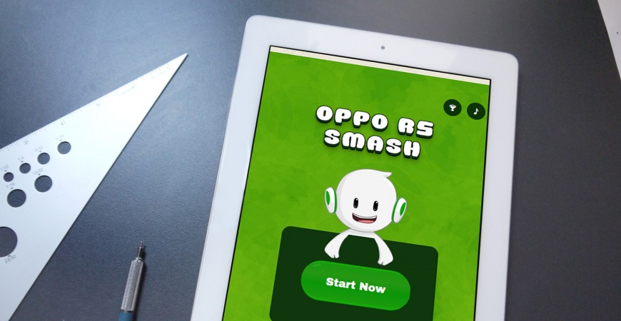 Oppo R5 Smash web game project start screen displayed on iPad
