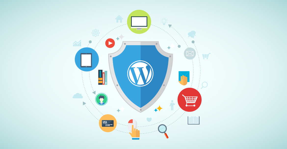 WordPress logo in a shield and security icons